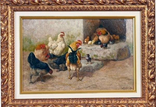 Chicken Feeding Scene (+ Another; Pair) Oil Painting by Griffith Ross Baird