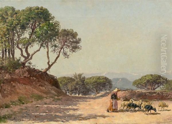 Bergere Et Son Troupeau Dans Un Paysage Provencal by William Baptiste Baird