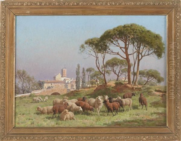 Sheep Grazing Outside A Mediterranean Town Oil Painting by William Baptiste Baird