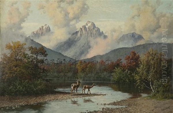 Mountain Landscape With Deer Oil Painting by William Baptiste Baird