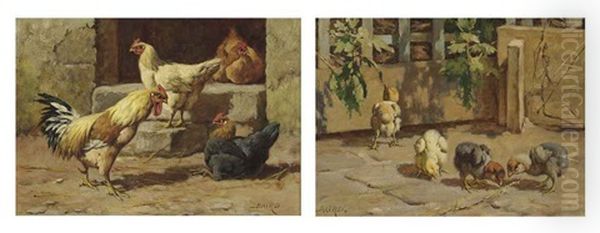 A Group Of Poultry (+ A Garden Corner; Pair) by William Baptiste Baird