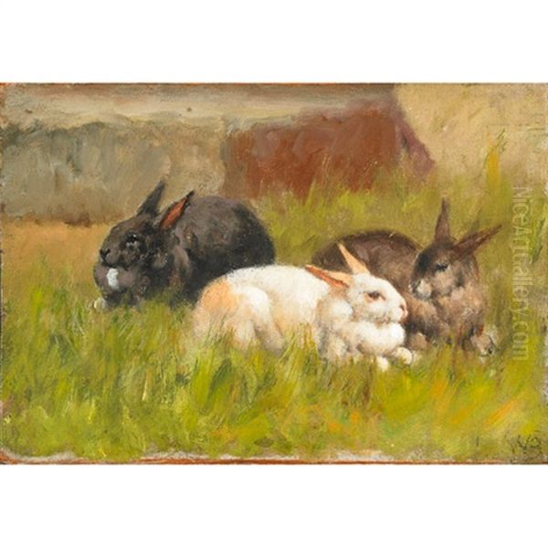 Rabbits In A Field Oil Painting by William Baptiste Baird