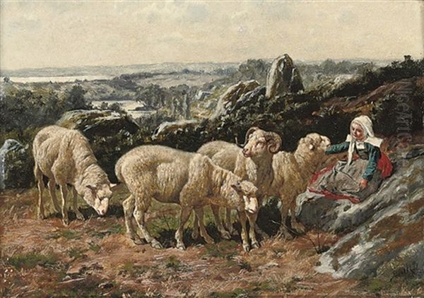 A Shehperdess With Her Flock, Resting In The Mountains Oil Painting by William Baptiste Baird