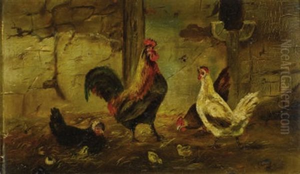 Untitled - Rooster And Hen Oil Painting by William Baptiste Baird