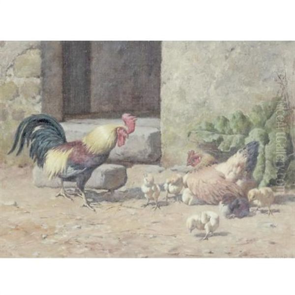 Chickens And Rooster Oil Painting by William Baptiste Baird