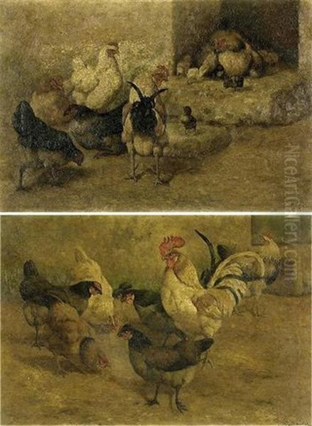 Coq Et Poules (+ Another, Similar; Pair) Oil Painting by William Baptiste Baird