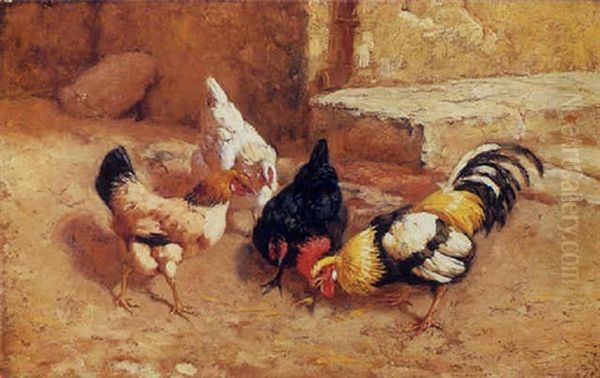 Chickens Feeding In A Courtyard Oil Painting by William Baptiste Baird