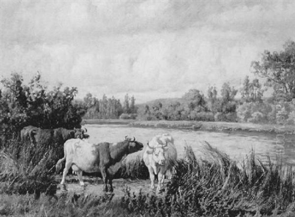 Cattle Watering In The Shallows Oil Painting by William Baptiste Baird