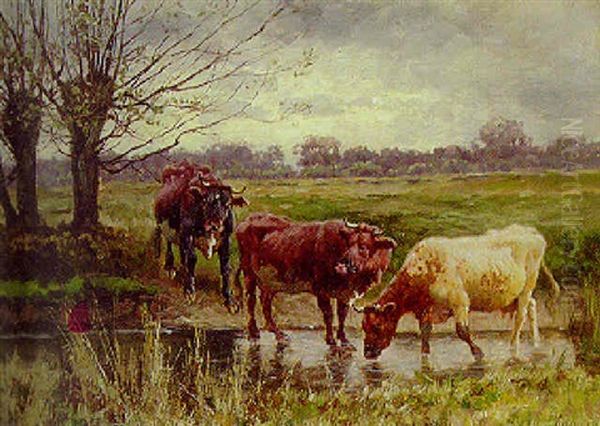 Cattle Watering In A Meadow Oil Painting by William Baptiste Baird