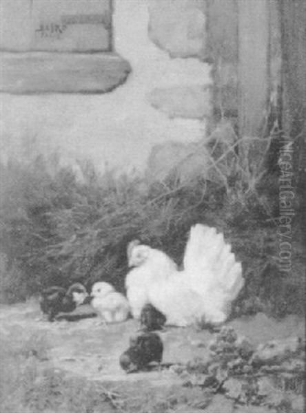 Mother Hen With Her Chicks Oil Painting by William Baptiste Baird