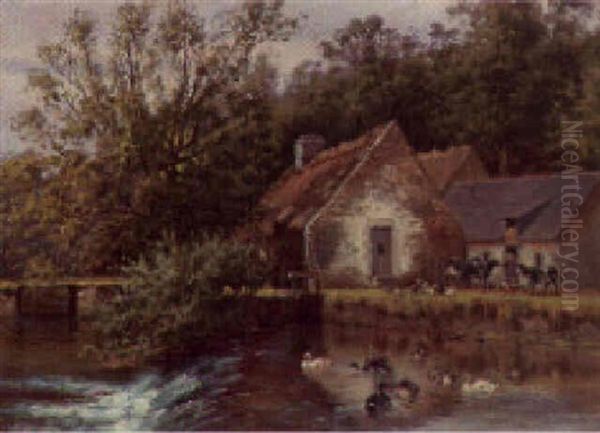 Ducks On A River Before A Watermill Oil Painting by William Baptiste Baird