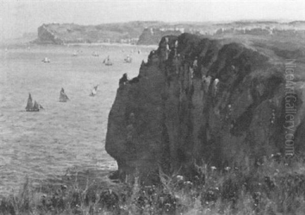 Sea Cliffs With Ships In The Distance Oil Painting by William Baptiste Baird