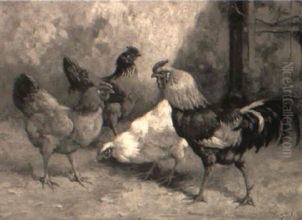 Chickens Feeding Oil Painting by William Baptiste Baird