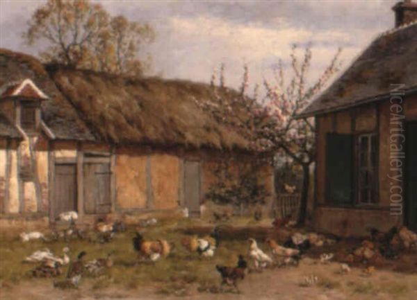 Rabbits And Poultry In A Farmyard Oil Painting by William Baptiste Baird