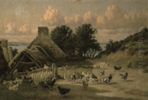 Chickens And Cockerels On A Farm Oil Painting by William Baptiste Baird