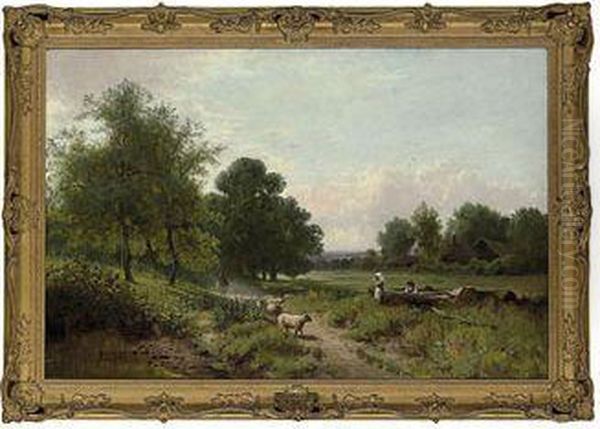 A Shepherd And His Flock On A Country Road Oil Painting by James Seymour Adams