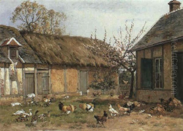 Rabbits And Poultry In A Farmyard Oil Painting by William Baptiste Baird