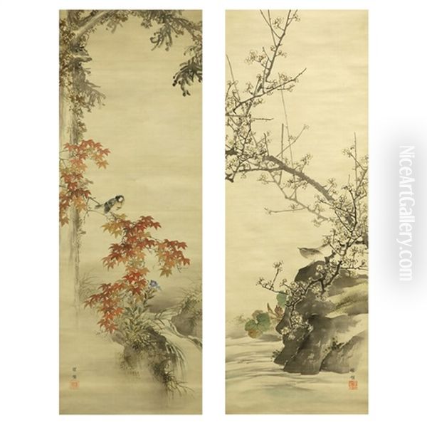 A Pair Hanging Scrolls Of Early Spring Garden & Bird With Autumn River Oil Painting by Kono Naotoyo Bairei