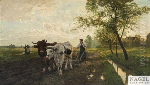 In Weiter Landschaft Ein Pflugender Bauer, Dem Zwei Madchen Zuwinken Oil Painting by Hermann Baisch