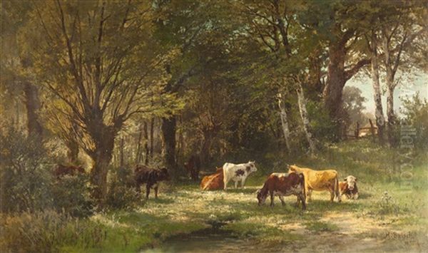 Kuhe Auf Besonnter Lichtung Am Waldrand Oil Painting by Hermann Baisch