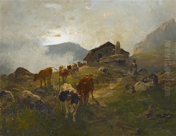 Kuhe Auf Der Alm Oil Painting by Hermann Baisch