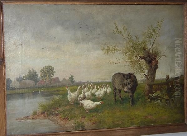 Donkey And Geese By A River Oil Painting by James Seymour Adams