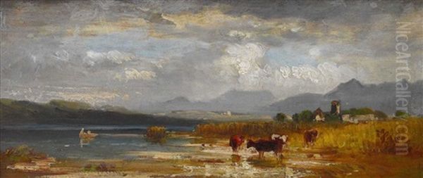 Rinder Am Ufer Eines Vorgebirgssees Oil Painting by Hermann Baisch