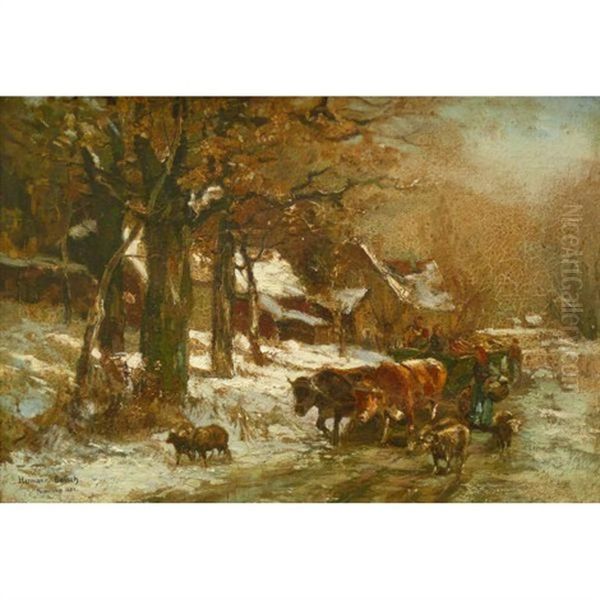 Ochsengespann Mit Bauern, Schafen U. Kalbern Im Winter Oil Painting by Hermann Baisch