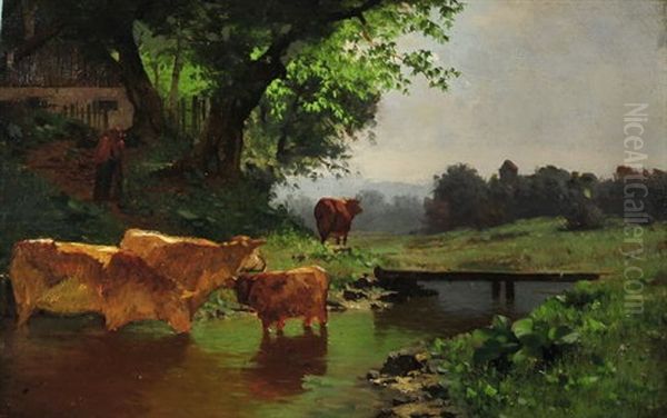 Magd Mit Kuhen Am Flussufer Unterhalb Des Bauernhauses, Welches Am Waldrand Liegt Oil Painting by Hermann Baisch