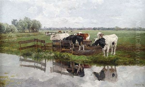 Weidelandschaft Mit Kuhen Vor Stadtsilhouette Oil Painting by Hermann Baisch