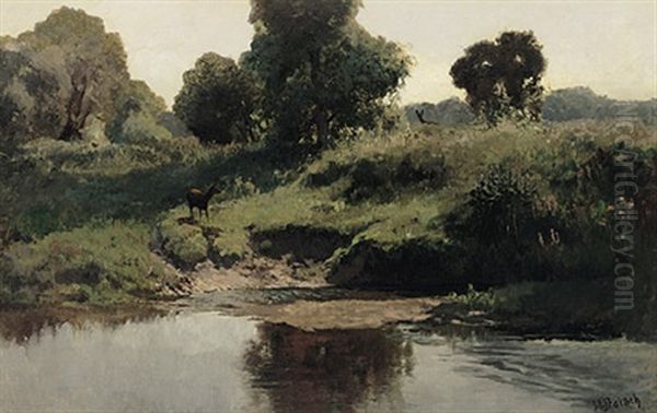 Spatsommerliche Waldlandschaft Mit Spiegelndem Gewasser, Reh, Busch- Und Baumwerk Im Sonnigen Licht Oil Painting by Hermann Baisch