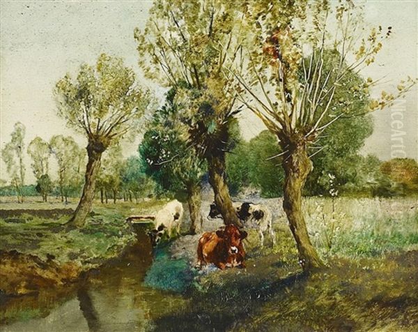 Kuhe Unter Kopfweiden Oil Painting by Hermann Baisch