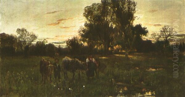 Zwei Hirten Fuhren Bei Sonnenaufgang Ihre Rinder Zur Tranke Oil Painting by Hermann Baisch