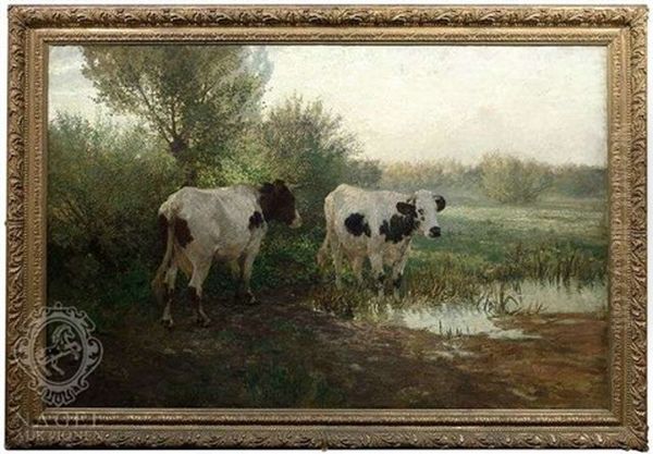 Zwei Gescheckte Kuhe Auf Sommerlicher Weide An Einem Gewasser Oil Painting by Hermann Baisch