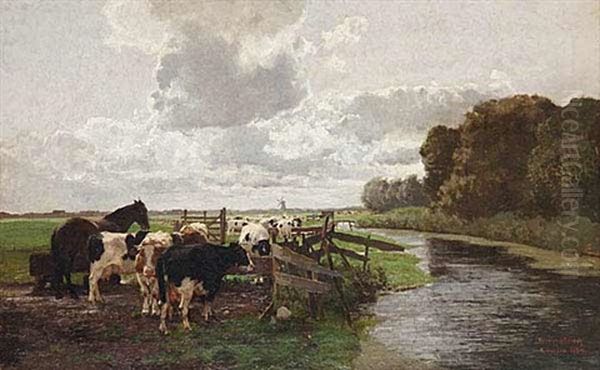 A Dutch Landscape With A Herd Of Grazing Cattle Oil Painting by Hermann Baisch