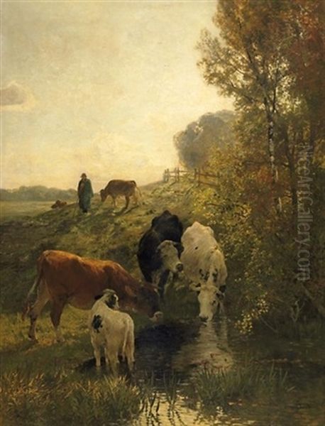 Vieh An Der Tranke Oil Painting by Hermann Baisch