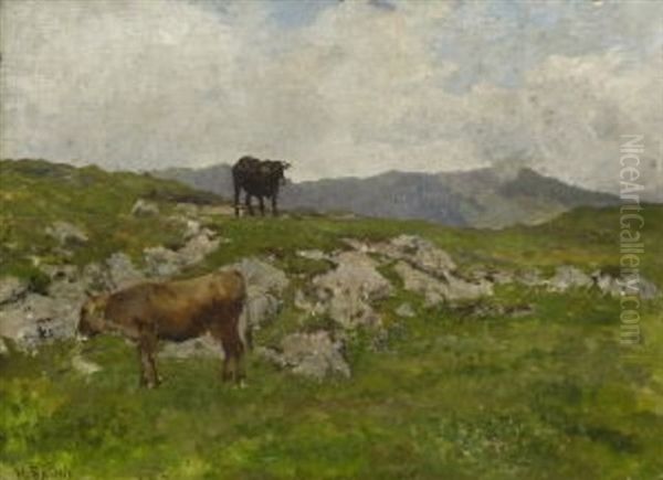 Kuhe Auf Der Hochalm Oil Painting by Hermann Baisch