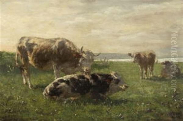 Hollandische Weidelandschaft Mit Kuh, Stier Und Kalbern Oil Painting by Hermann Baisch