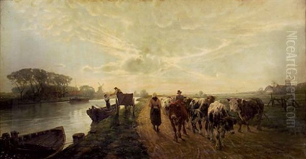 Heimtrieb Einer Rinderherde An Einem Kanal Oil Painting by Hermann Baisch