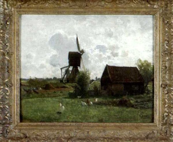 Landliche Szenerie Mit Bockwindmuhlen Und Bauernkate In Weiter Landschaft Oil Painting by Hermann Baisch