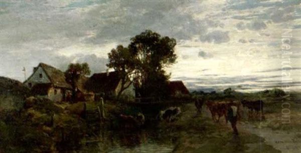 Im Abendlicht Kehrt Eine Kuhherde Zum Gehoft Zuruck Oil Painting by Hermann Baisch