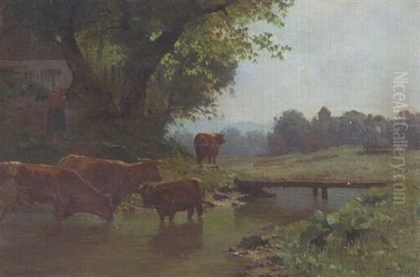 Kuhe Am Wasser Oil Painting by Hermann Baisch