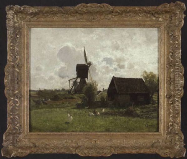 Landliche Szenerie Mit Bockwindmuhlen Und Bauernkate In Weiter Landschaft Oil Painting by Hermann Baisch