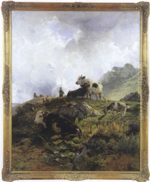 Vaches A L'herbage En Montagne Oil Painting by Hermann Baisch