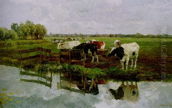 Hollandische Landschaft Mit Vieh Am Wasser Oil Painting by Hermann Baisch