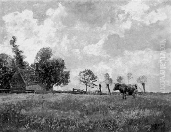 Kuhe Auf Der Weide Mit Kleinem Bauernhaus Oil Painting by Hermann Baisch