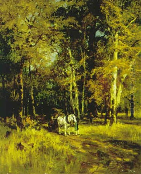 Birkenwald Mit Holzsammlern Und Pferdekarren Oil Painting by Hermann Baisch