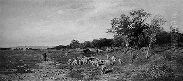 Herbstlandschaft Bei Munchen Mit Schafherde by Hermann Baisch