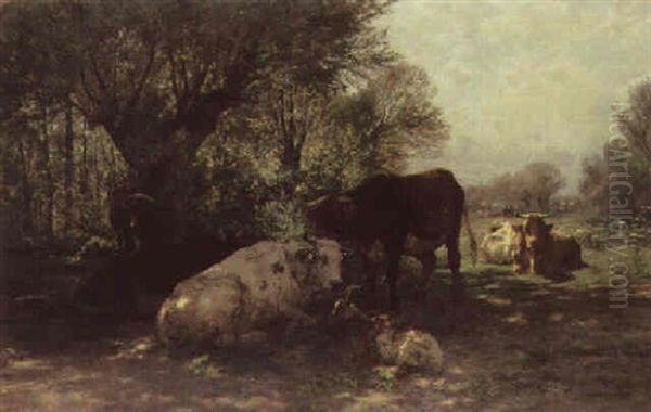 Cows And A Goat Resting In A Sunlit Meadow Oil Painting by Hermann Baisch