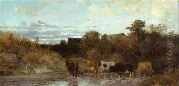 Eine Furt Uberquerende Kuhherde Oil Painting by Hermann Baisch